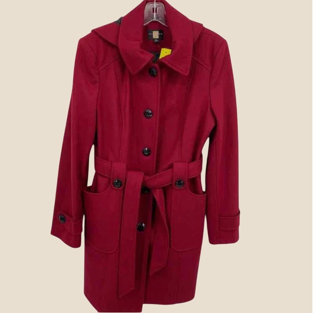 Gallery Large Red Wool Blend Mid Length Waist Tie Hooded Pea Coat